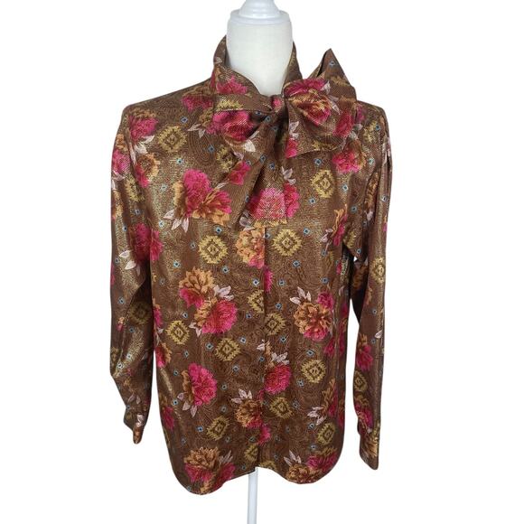 VTG Rickie Freeman Teri Jon Silhouettes Silk Floral Secretary Bow Blouse Size 8 - Picture 1 of 16